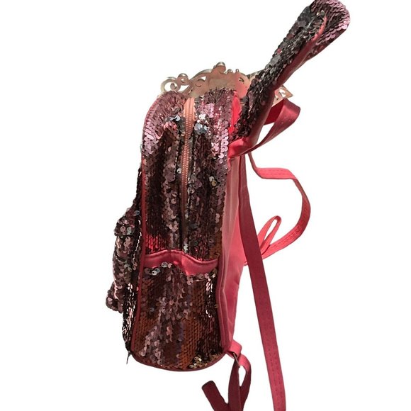 Girls Pink Sequin Bunny Ears Backpack Gift Pockets Zipper - Picture 3 of 6
